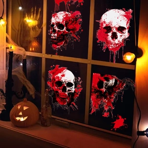 Halloween window clings featuring bloody skull decals set against a spooky scene
