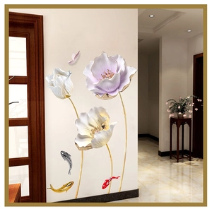 Detail of 3D waterproof self-adhesive wall stickers with tulips and koi fish design