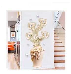 Detail of 3D embossed calla lily vase wall sticker with inlaid pearl decorative accents
