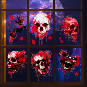 Halloween window stickers featuring skull, blood handprints and bat for spooky decor