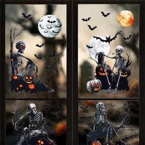 3D Halloween static window stickers with skulls, pumpkins and bats for party decor