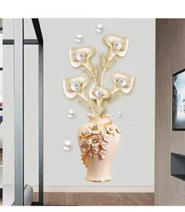 Close-up of 3D pearl vase wall sticker with calla lily and embossed floral details
