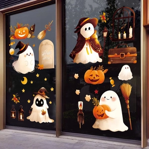 Halloween 3D Cute Ghost Pumpkin Static Window Stickers For Glass Door Party Decoration PVC Cartoon Decals Non Adhesive