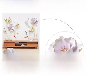 Detail of 3D tulip wall art featuring lavender and pearl white petals with gold edges