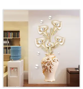 Detailed 3D relief wall sticker featuring golden vase with calla lilies and large pearls
