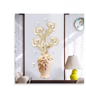 Detail of 3D embossed wall mural with calla lily, white vase and pearl accents