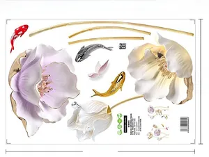 Detail of 3D waterproof wall decals with purple flowers, goldfish, and golden curves