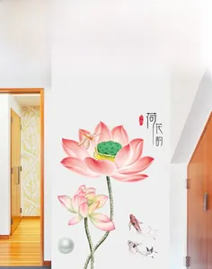 Detailed view of waterproof lotus flower wall decals with koi fish and dragonfly motifs