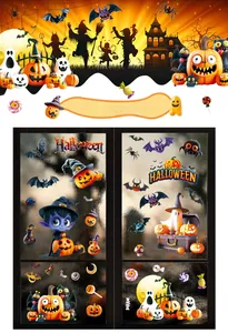 Detail showing 3D Halloween window decals with pumpkin, ghost, and bat cartoons