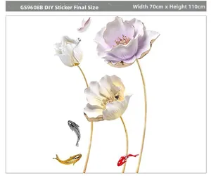 Detail view of 3D tulip wall stickers with purple flowers and koi fish art decor