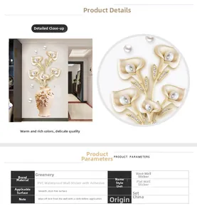 Detail view of 3D pearl vase wall sticker with waterproof PVC texture for home decor