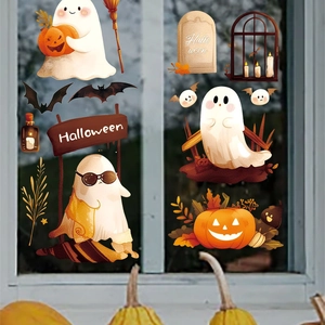 3D Halloween static window stickers with cute ghosts, pumpkins and spooky decor