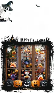 Detail showing 3D Halloween window clings with pumpkin, ghost, and bat decor features