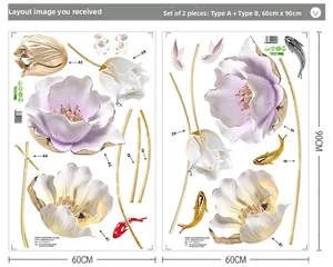 Detailed sheet layout of 3D purple tulip wall stickers and koi fish measuring 60x90cm