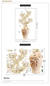 Size guide for 3D pearl flower vase wall sticker showing 60x130cm layout details