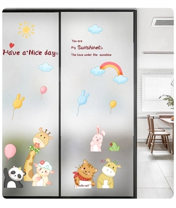 Frosted glass film with hand-drawn cartoon animals like pandas and giraffes for home decor
