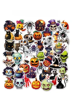 Flat lay of colorful waterproof Halloween PVC stickers featuring pumpkins and ghosts