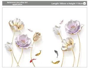 Detail of 3D tulip wall decal showing embossed purple flowers and golden fish accents