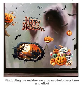 Detail of 3D Halloween static stickers showing pumpkin and bat designs on window glass