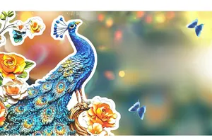 Close-up of 3D peacock wall sticker showing colorful laser texture and floral detail