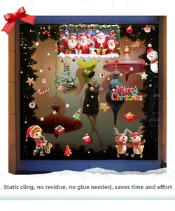 Detail of Christmas window clings showing Santa, reindeer, and snowflakes with static grip
