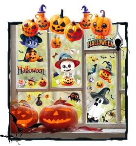 Close-up of 3D Halloween window stickers featuring cartoon pumpkins, ghosts and bats