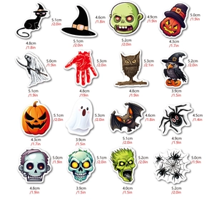 Detail of waterproof Halloween PVC stickers featuring pumpkins, ghosts, and bats icons