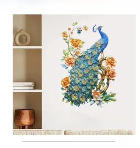 Detailed view of 3D colorful peacock and rose wall stickers in a modern living room