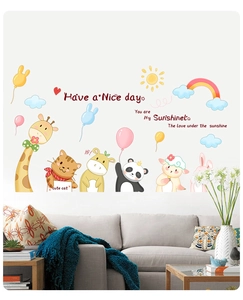 Detailed wall sticker set featuring cartoon animals with rainbow and balloons