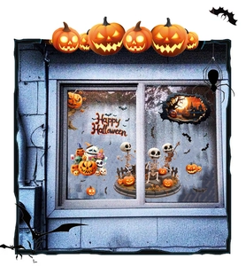 Close-up of Halloween window static stickers with skull band, pumpkins and bats