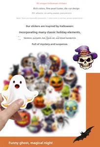 Macro detail of pearlescent PVC Halloween stickers featuring pumpkins, ghosts and bats