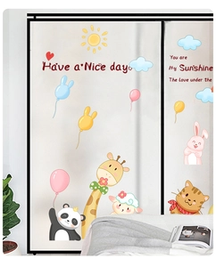 Detailed view of cartoon animal wall decals with giraffe, panda, and clouds for nursery decor