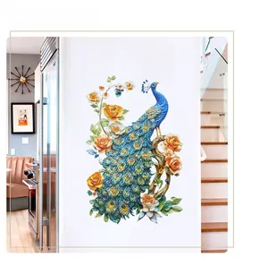 Detail of 3D laser peacock wall sticker with vibrant flower patterns for home decor