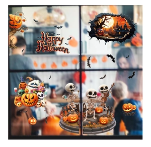 Macro detail of 3D Halloween static stickers featuring pumpkin and skull designs on glass