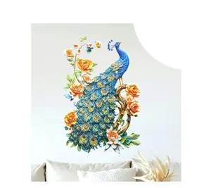 Detail of 3D colorful laser peacock and orange roses self-adhesive wall sticker on white wall