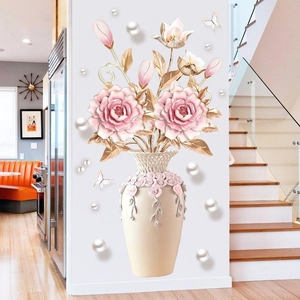 3D Visual Vase Wall Sticker Elegant Floral Decal With Faux Artificial Pearl Rhinestone For Living Room Bedroom Entrance Decoration