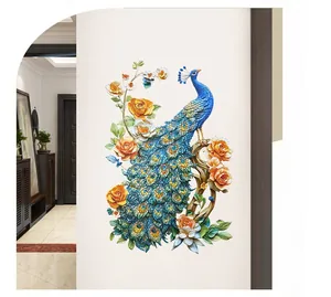 Detailed close-up of 3D holographic peacock and orange rose wall sticker for home decor