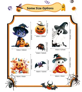 Size chart showing 3D Halloween window stickers like pumpkins and ghosts with dimensions