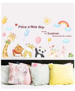 Bedroom wall decor with cute cartoon animals, rainbow stickers and nursery quotes