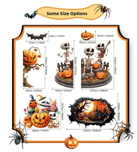 Size chart for 3D Halloween wall stickers featuring skeletons pumpkins and bats stickers