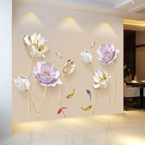 3D purple tulip wall stickers with gold trim and butterflies for bedroom decoration