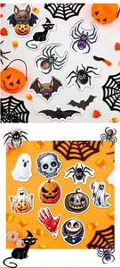 Detail of Halloween stickers featuring Jack Skellington pumpkin bats and spooky ghost designs