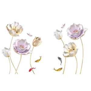 3D tulip wall decor with gold stems, butterflies, and koi fish for home interior design