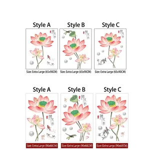 Waterproof self-adhesive lotus wall decal featuring pink flowers, lotus pods, and koi fish
