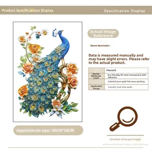 Detailed size chart for 3D laser peacock wall sticker in eco-friendly PP material