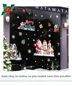 Close-up of Santa and snowman static window stickers applied on store glass surface