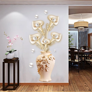 3D wall sticker featuring a pearl calla lily vase with rhinestone details and relief floral art