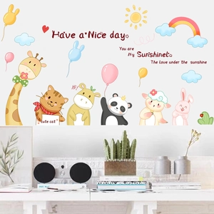 Cartoon Animal Wall Stickers For Kids Room Decor Rainbow Sun Panda Giraffe PVC Self Adhesive Wall Decal For Nursery Bedroom