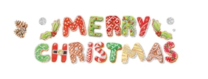 Flat illustration of Merry Christmas gingerbread cookie letters with festive berry details