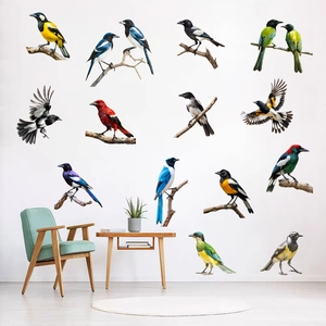 Vibrant 3D bird wall stickers with 14 diverse species for home living room decoration